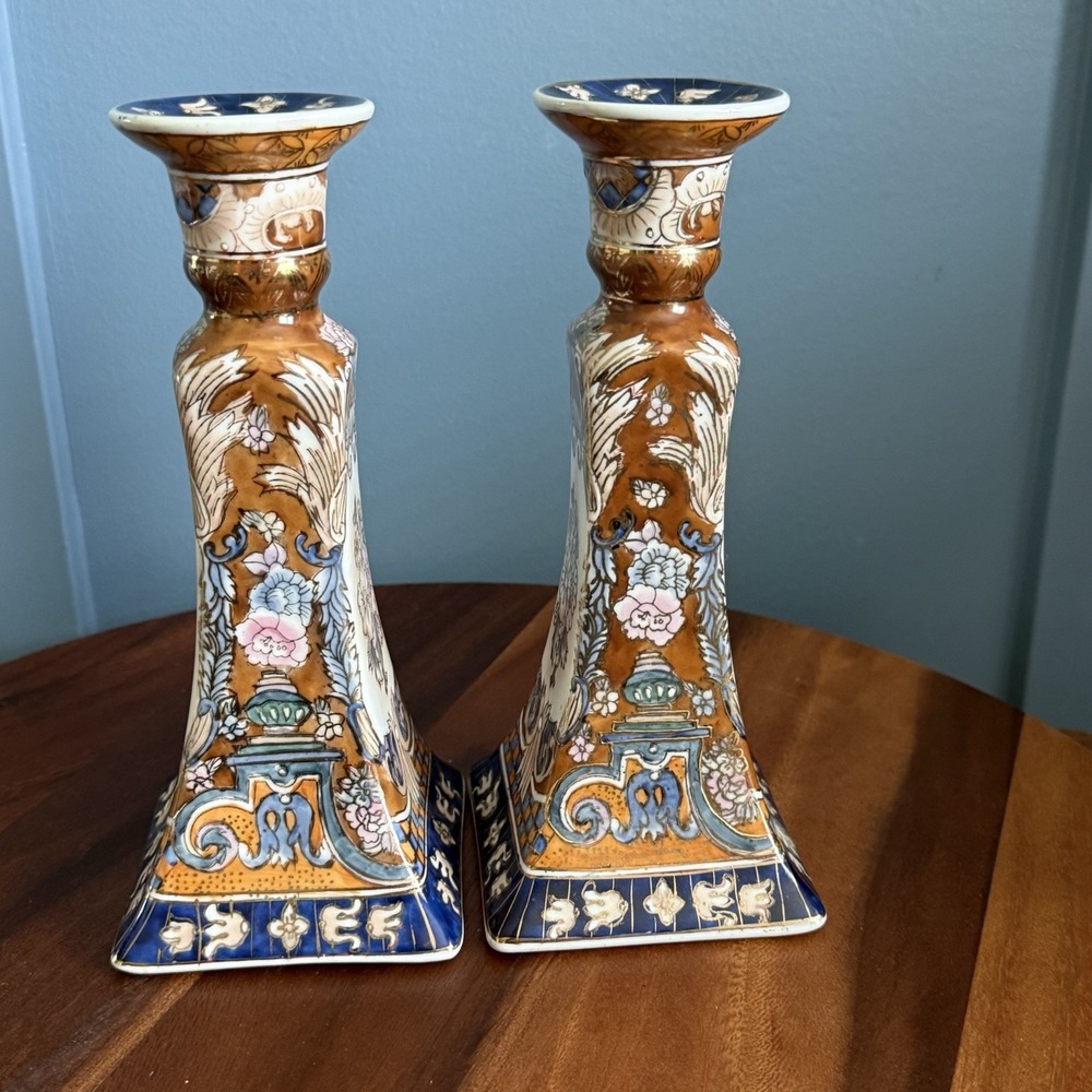 Vintage Pair Asian Imari Style Porcelain Candlesticks Blue Gold Floral 9" Tall - Picture 5 of 11